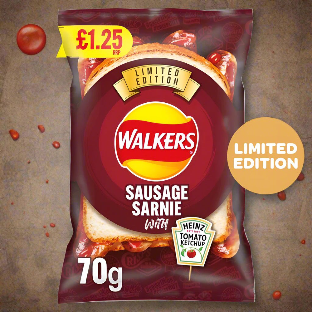 Walkers Sausage Sarnie with Heinz Tomato Ketchup Sharing Bag Crisps PMP 70g RRP £1.25
